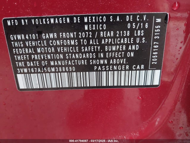 3VW167AJ5GM388690 Volkswagen Jetta 1.4t S