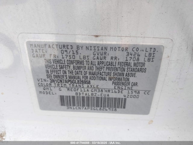 3N1CN7AP5GL826958 Nissan Versa 1.6 Sv