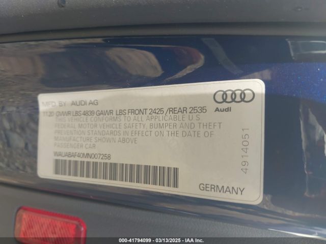 WAUABAF40MN007258 Audi A4 Premium 40 Tfsi Quattro S Tronic