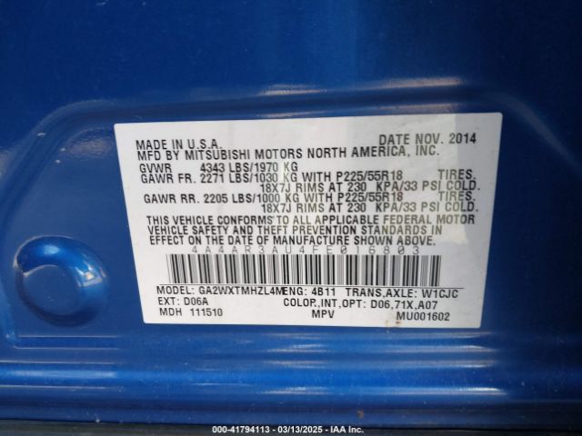 4A4AR3AU4FE016803 Mitsubishi Outlander Sport Es