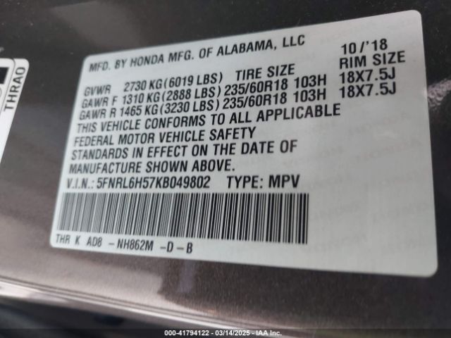 5FNRL6H57KB049802 Honda ODYSSEY EX