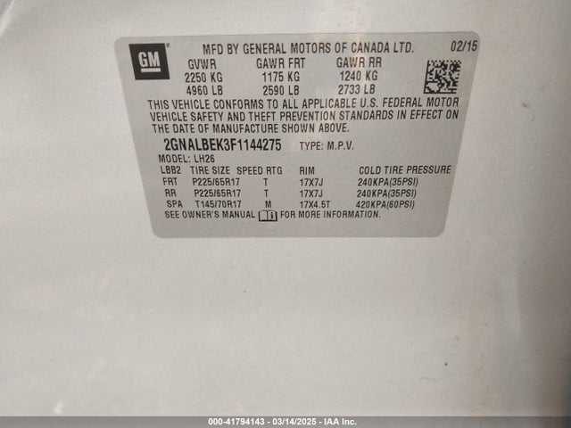 2GNALBEK3F1144275 Chevrolet EQUINOX 1LT