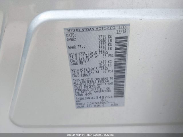 5N1DL0MN3KC548764 Infiniti QX60 PURE