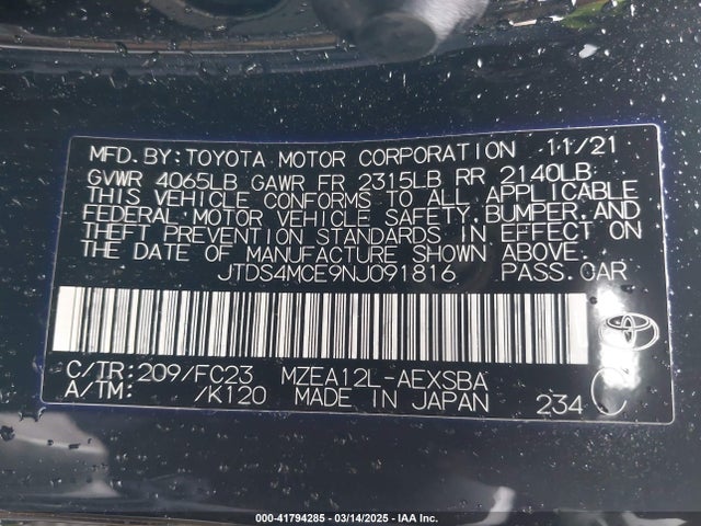JTDS4MCE9NJ091816 Toyota COROLLA SE