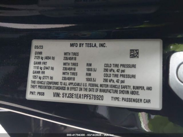 5YJ3E1EA1PF578920 Tesla Model 3 Rear-wheel Drive