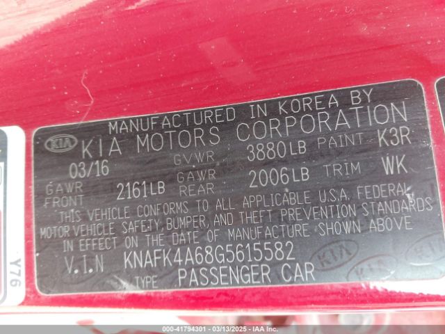 KNAFK4A68G5615582 KIA FORTE LX