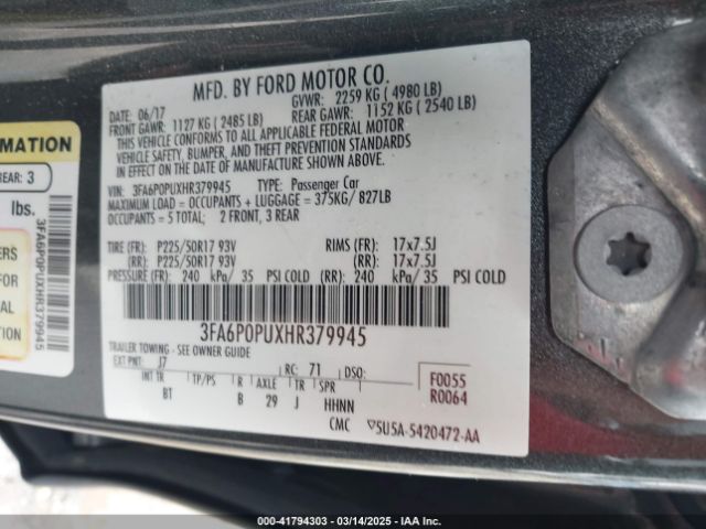 3FA6P0PUXHR379945 Ford Fusion Energi Se Luxury