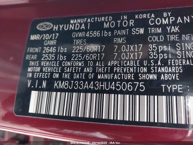 KM8J33A43HU450675 Hyundai TUCSON SE
