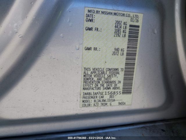 1N4BL3AP7GC156855 Nissan Altima 3.5 Sl/3.5 Sr