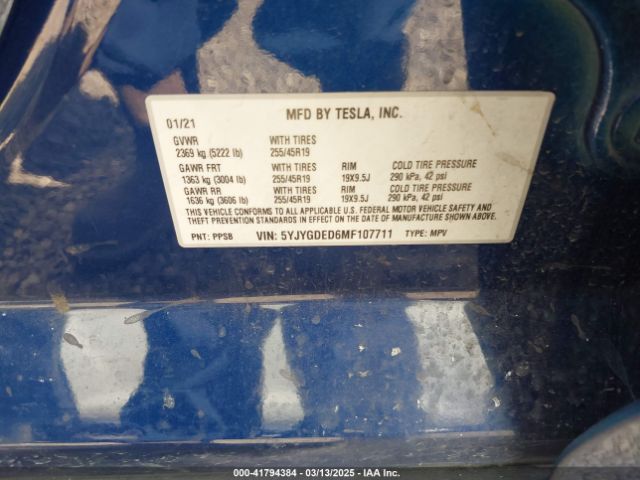 5YJYGDED6MF107711 Tesla Model Y Standard Range Rear-wheel Drive