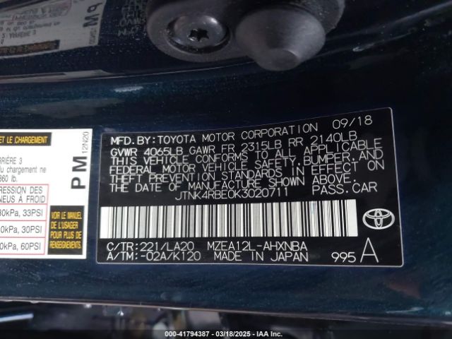 JTNK4RBE0K3020711 Toyota Corolla Xse