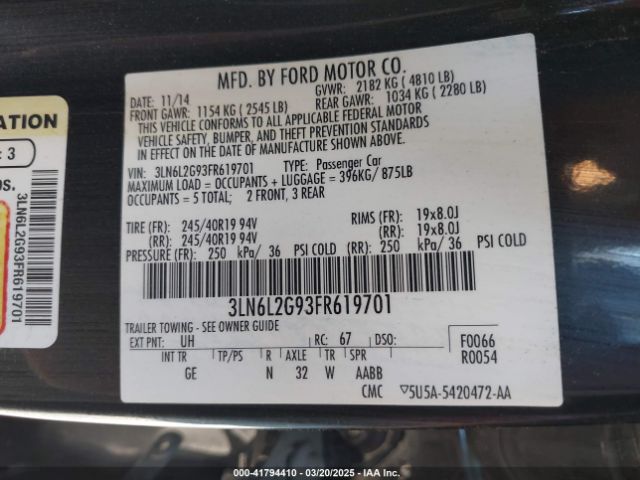 3LN6L2G93FR619701 Lincoln MKZ