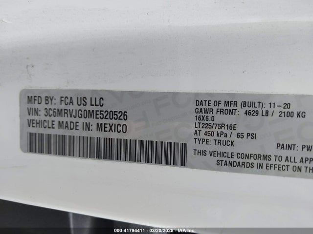 3C6MRVJG0ME520526 RAM Promaster 3500 Cargo Van High Roof 159 Wb Ext
