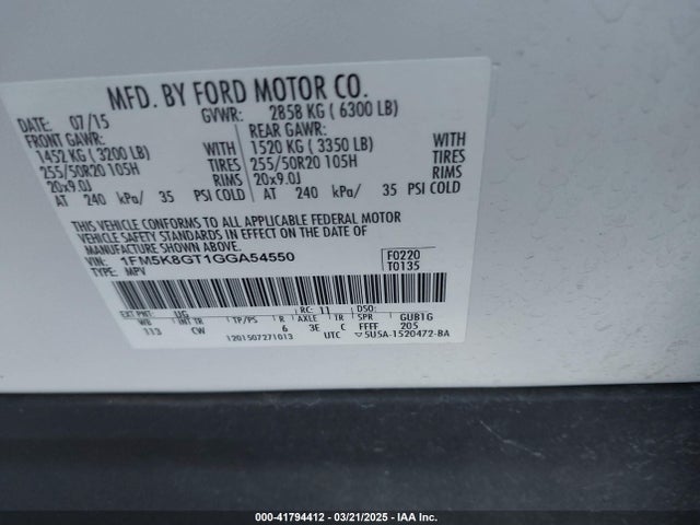 1FM5K8GT1GGA54550 Ford 2016