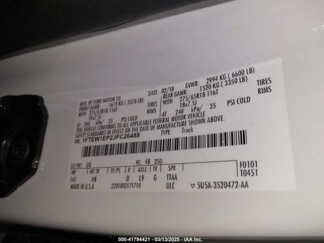 1FTEW1EP2JFC26488 Ford F-150 Lariat