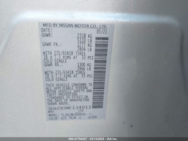 5N1AZ2BJ6MC134913 Nissan Murano Sv Fwd