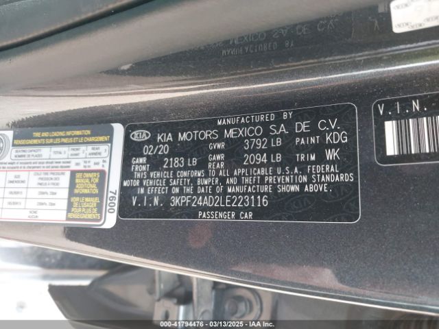 3KPF24AD2LE223116 KIA FORTE FE