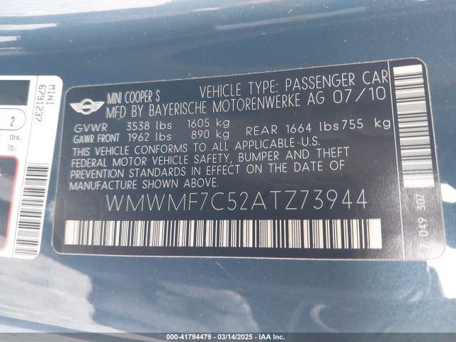 2010 MINI COOPER S WMWMF7C52ATZ73944 Photo 8