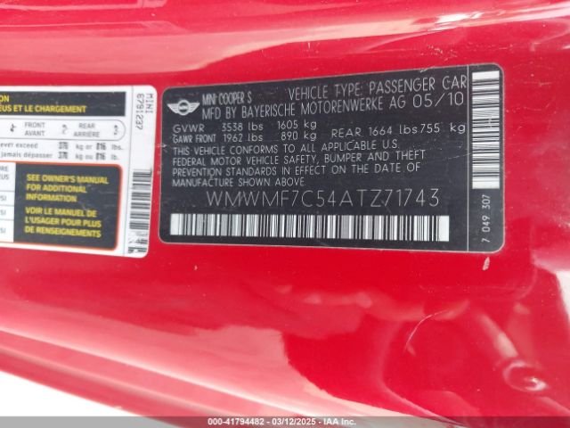 2010 MINI COOPER S WMWMF7C54ATZ71743 Photo 8