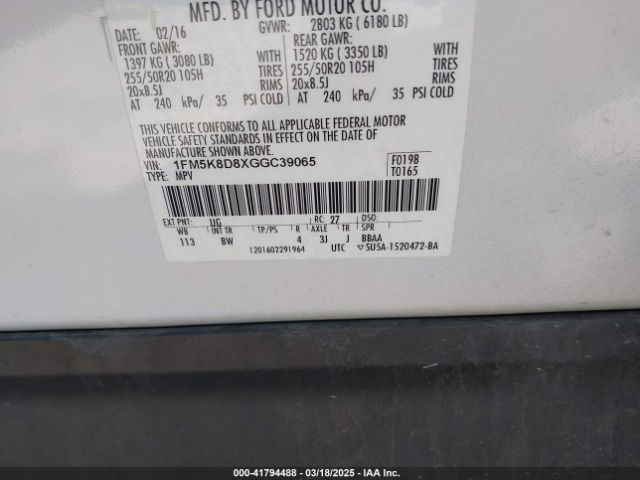1FM5K8D8XGGC39065 Ford EXPLORER XLT