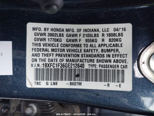 19XFC1F36GE212640 Honda Civic Ex-t
