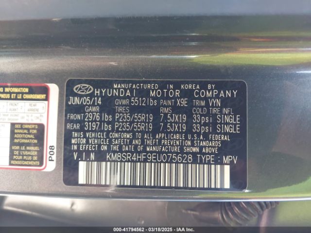 KM8SR4HF9EU075628 Hyundai Santa Fe Gls