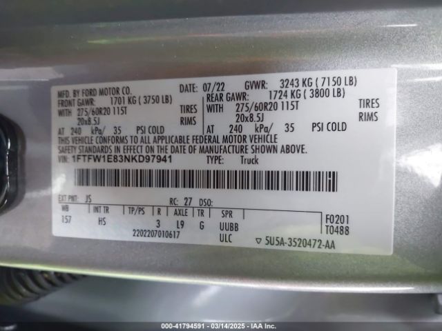 1FTFW1E83NKD97941 Ford F-150 Lariat