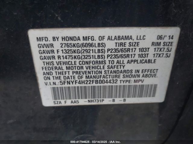 5FNYF4H22FB004432 Honda PILOT LX