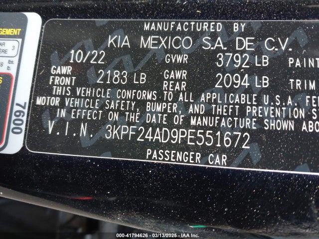 3KPF24AD9PE551672 KIA FORTE LX