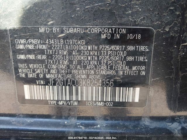JF2GTACC3K8254356 Subaru Crosstrek 2.0i Premium