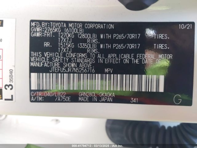 JTEFU5JR7N5256716 Toyota 4runner Sr5 Premium