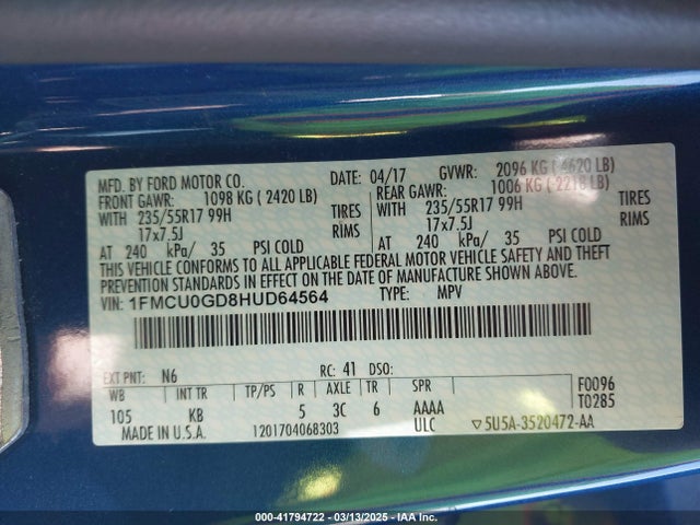 1FMCU0GD8HUD64564 Ford ESCAPE SE