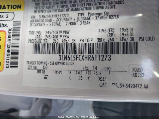 3LN6L5FCXHR611273 Lincoln Mkz Reserve