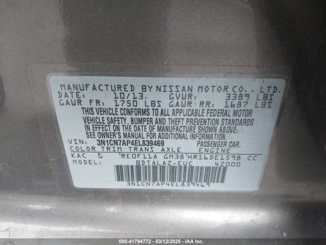 3N1CN7AP4EL839469 Nissan Versa 1.6 S+