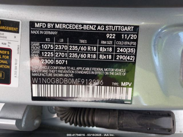 W1N0G8DB0MF912936 Mercedes-Benz Glc 300 Suv