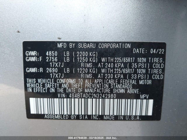 4S4BTADC2N3242980 Subaru Outback Premium