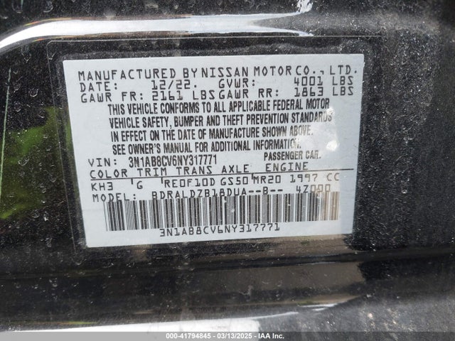 3N1AB8CV6NY317771 Nissan Sentra Sv Xtronic Cvt
