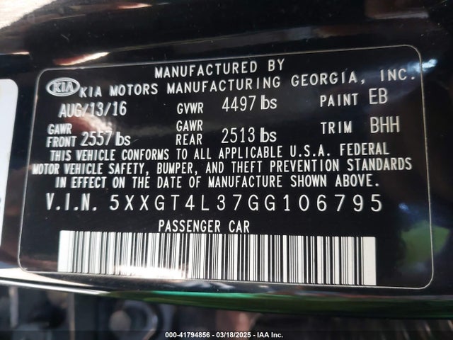 5XXGT4L37GG106795 KIA Optima Lx
