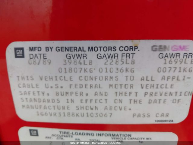 1989 CADILLAC ALLANTE 1G6VR3188KU103067 Photo 8