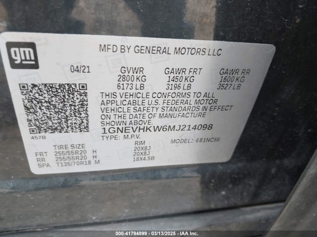 1GNEVHKW6MJ214098 Chevrolet Traverse Awd Lt Leather