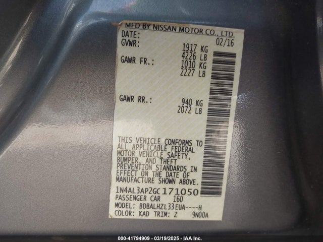 1N4AL3AP2GC171050 Nissan Altima 2.5 Sr