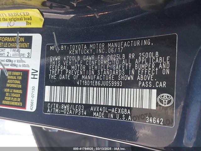 4T1BD1EB6JU059993 Toyota Avalon Hybrid Limited/xle/xle Premium