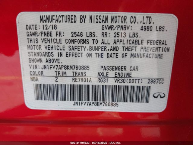 JN1FV7AP8KM760885 Infiniti Q50 3.0t Red Sport 400