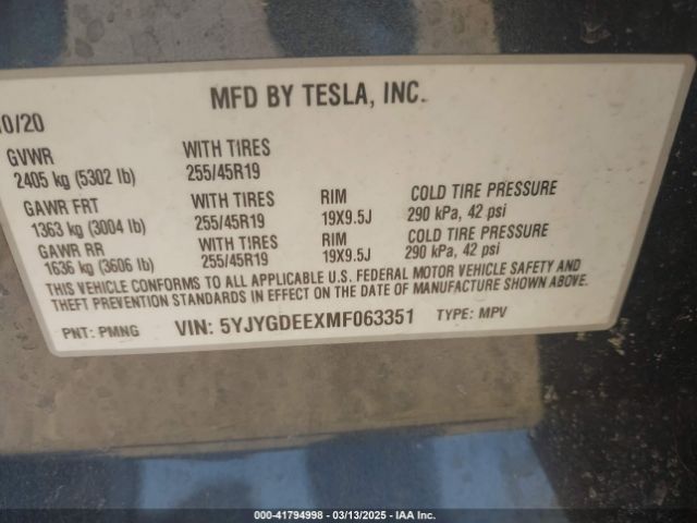 2021 TESLA MODEL Y 5YJYGDEEXMF063351 Photo 8