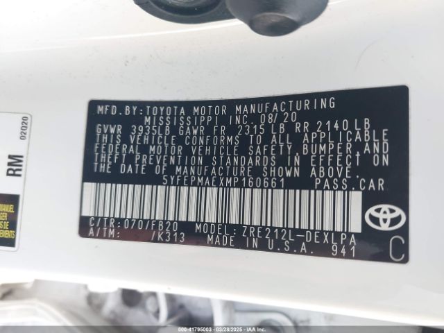 5YFEPMAEXMP160661 Toyota COROLLA LE