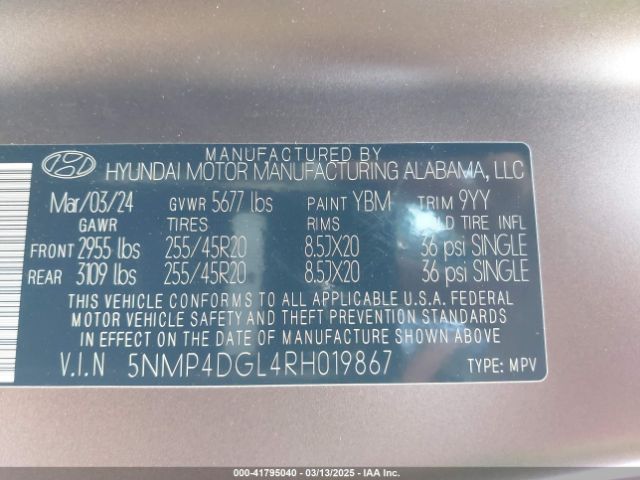 5NMP4DGL4RH019867 Hyundai Santa Fe Limited