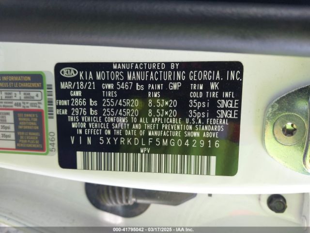 5XYRKDLF5MG042916 KIA SORENTO SX