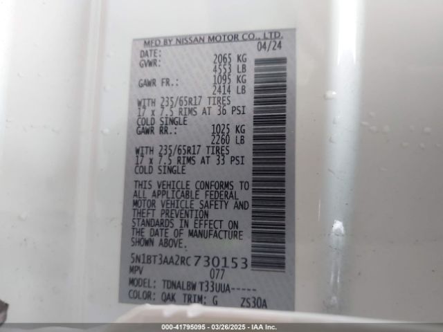 5N1BT3AA2RC730153 Nissan Rogue S Fwd