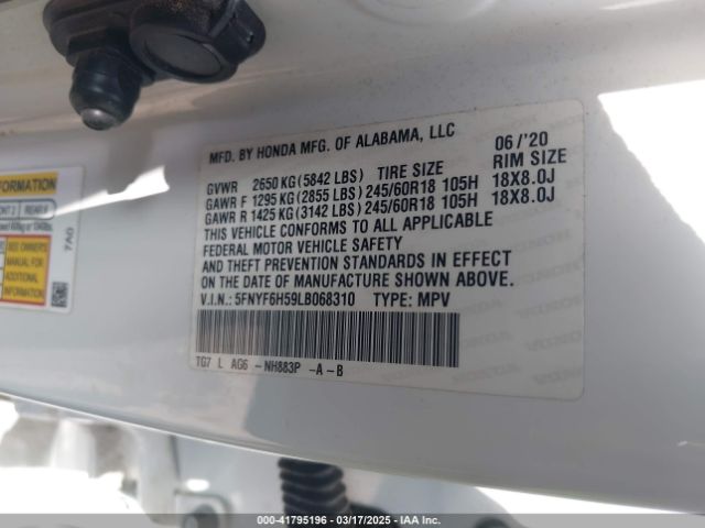 5FNYF6H59LB068310 Honda Pilot Awd Ex-l
