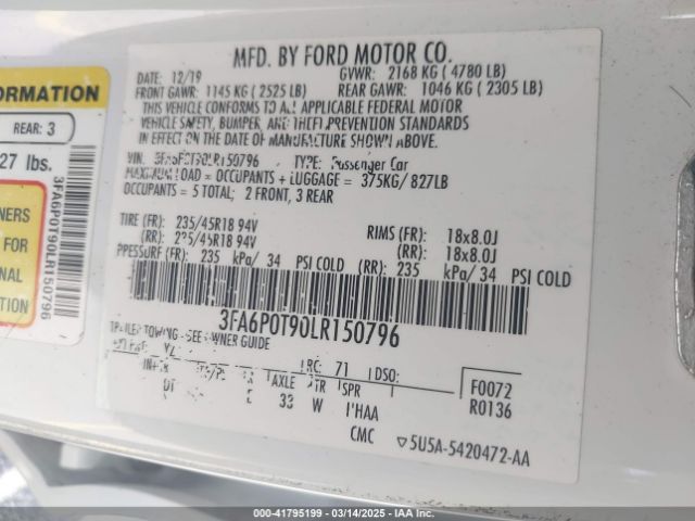 3FA6P0T90LR150796 Ford FUSION SE
